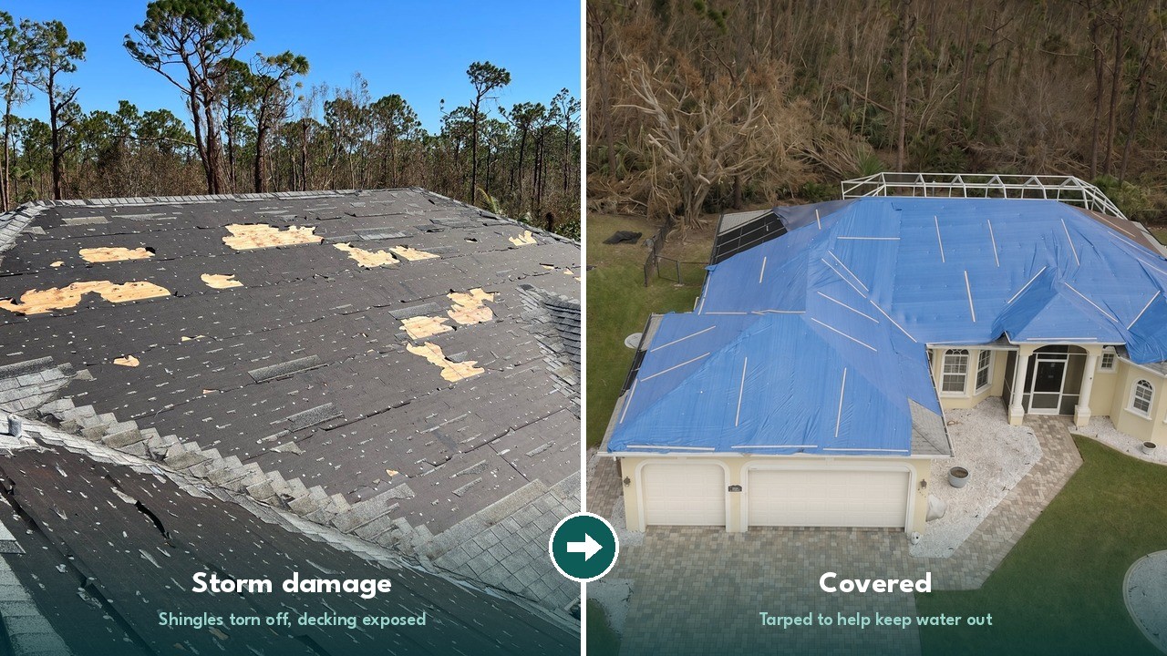 Storm-damaged roof and the same roof covered with a FarFan tarp after Hurricane Ian