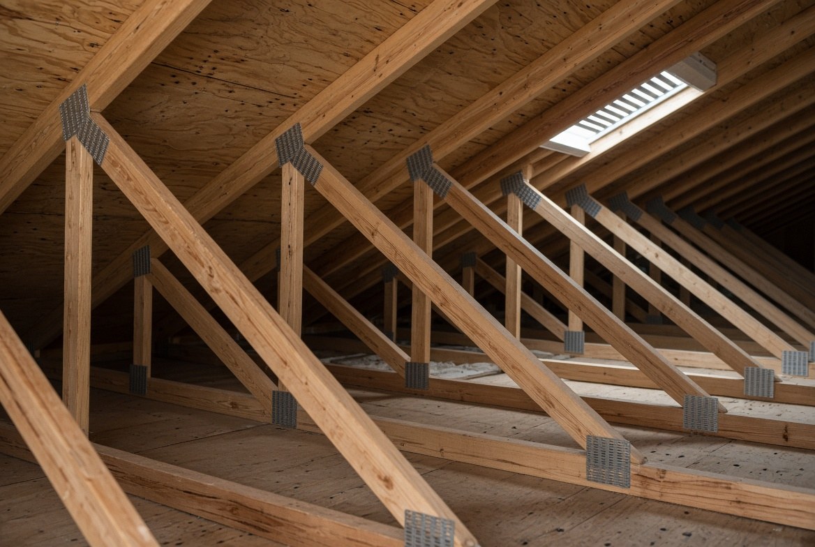 Attic view of plywood roof deck nail pattern