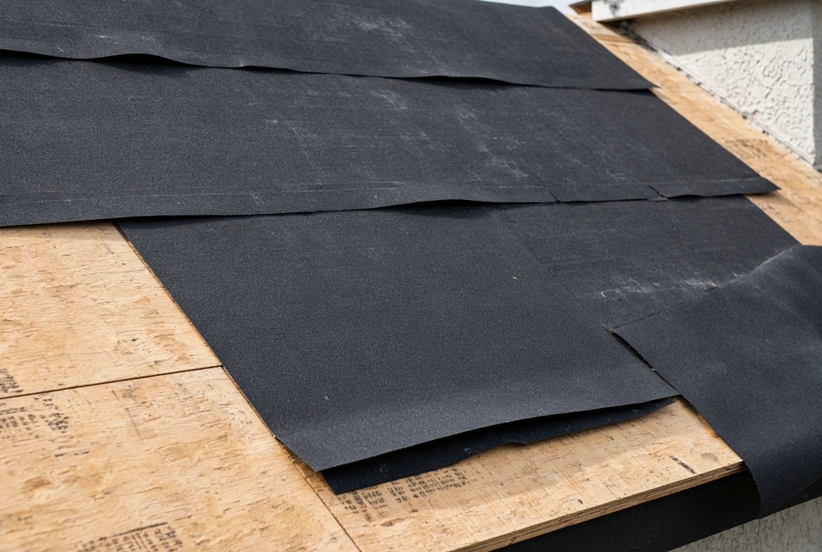 Asphalt felt underlayment laid over a plywood roof deck