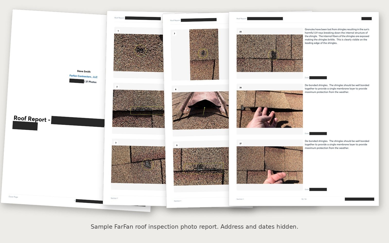Sample pages from a FarFan roof inspection photo report showing marked damage photos and written findings, with the address and dates hidden