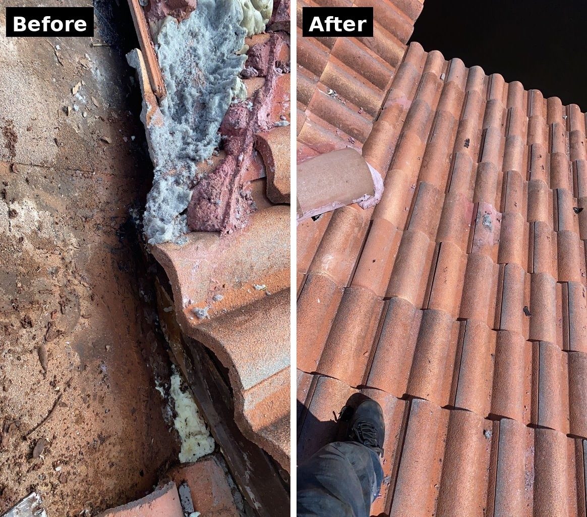 Before: tile lifted to show failed underlayment and debris at a valley on a Fort Myers roof. After: the tile relaid and the roof repaired.