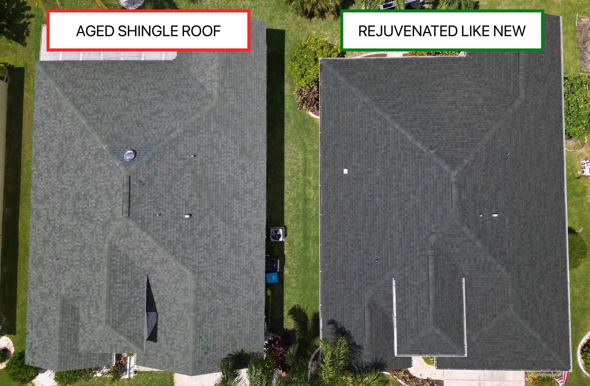 Before and after of an asphalt shingle roof